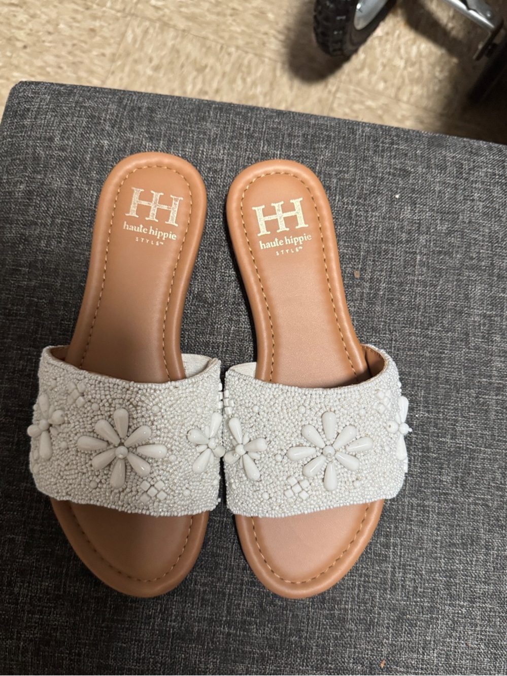 Haute Hippie Cream Beaded Floral Slide Sandals